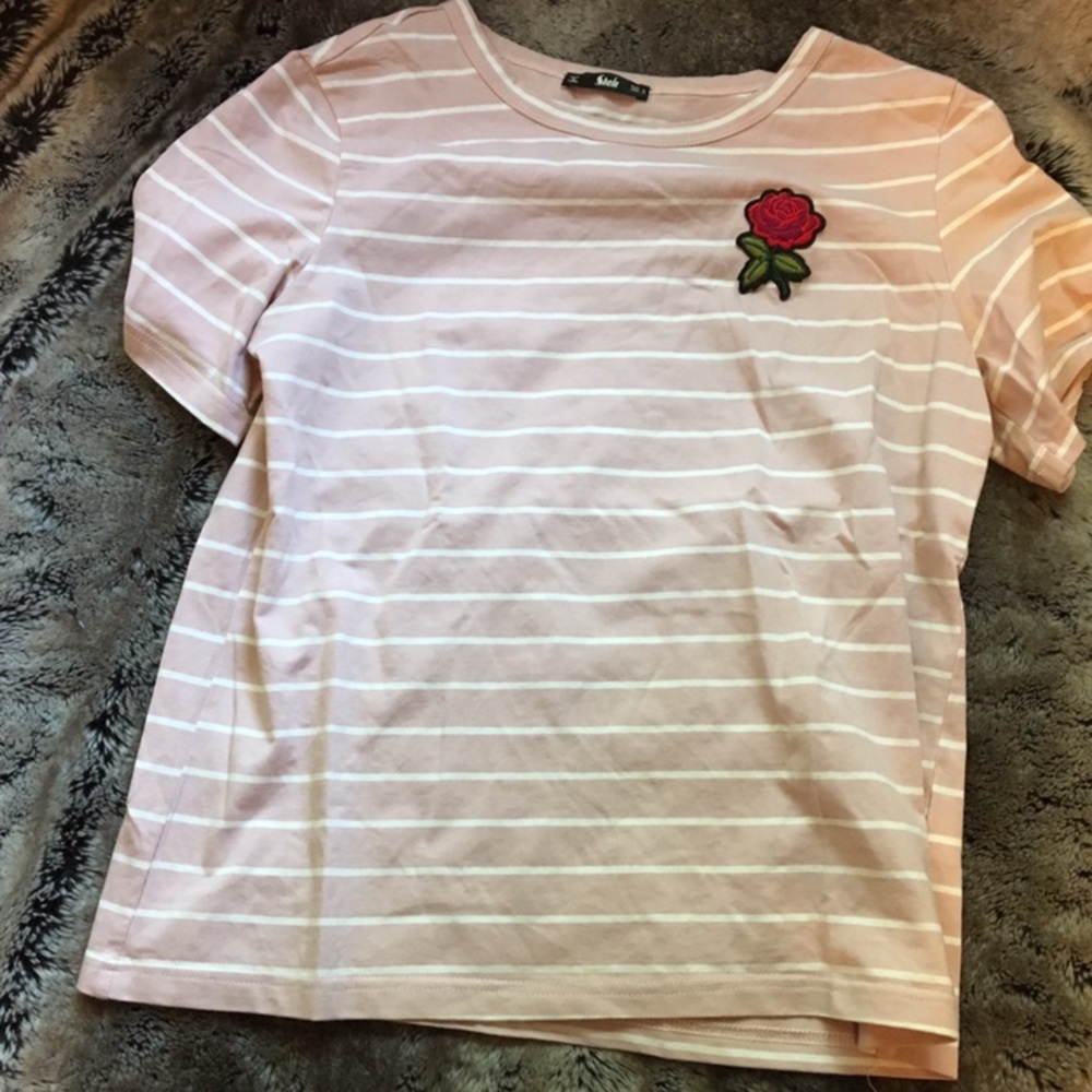 Stripe Tee with Rose Embroidery